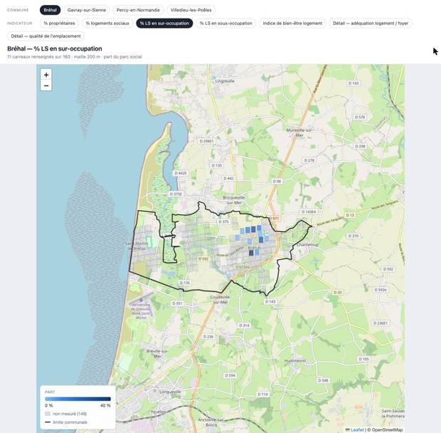 Écran TerriScope : logements sociaux en suroccupation, maille 200 m, commune de Bréhal